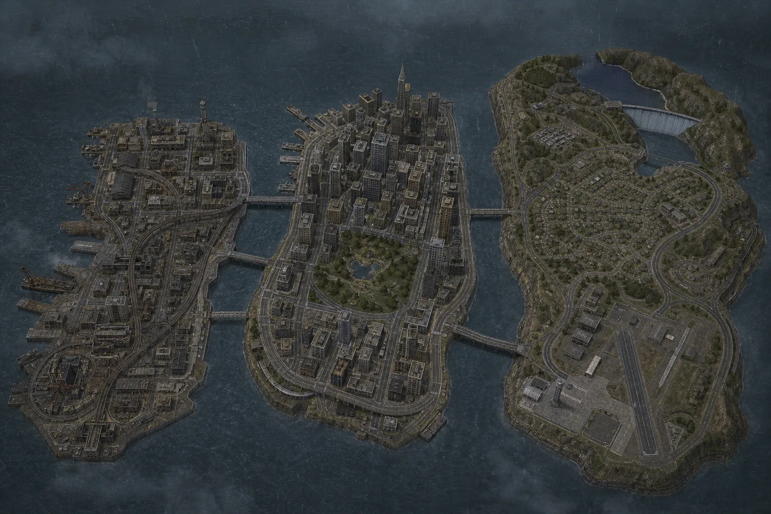 Originální celkový render tří městských ostrovů s přístavem, centrem, parkem, předměstím, přehradou a letištěm